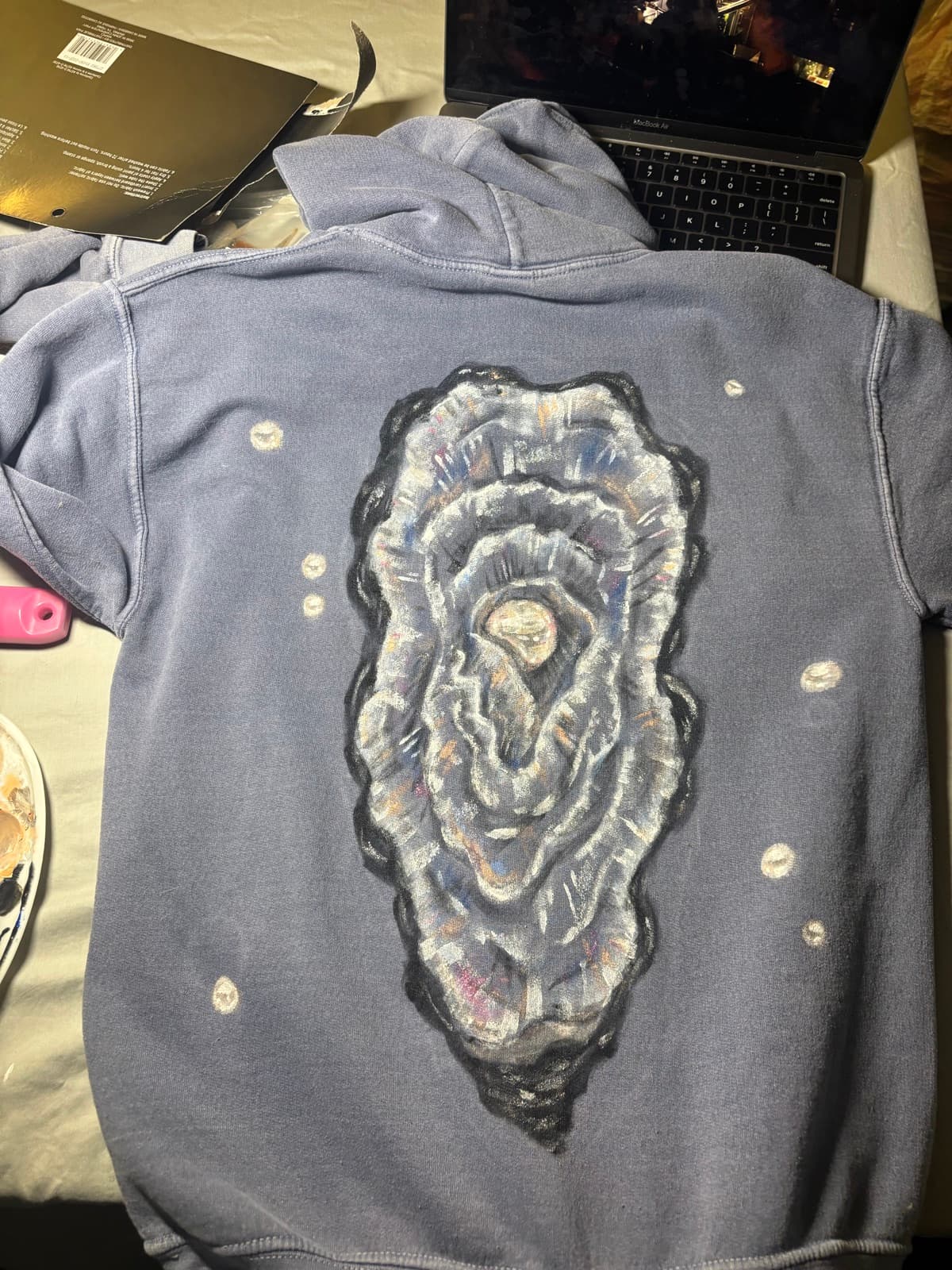 Hand-painted Cape Cod pearls design, back view, on a custom sweatshirt by Madeleine MacNutt